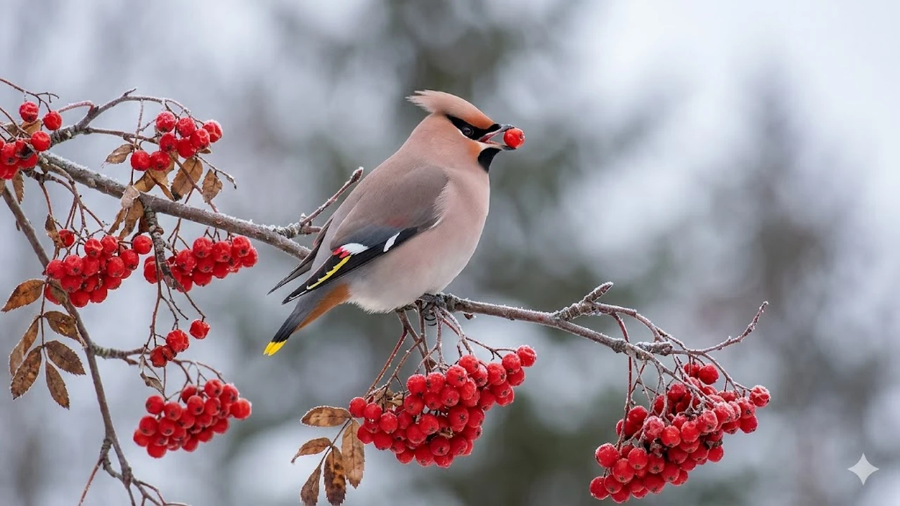 Свиристель (Bombycilla garrulus) на ветке рябины с красными ягодами. Крупный план птицы с характерным красным восковым кончиком перьев, черной маской вокруг глаз и ярким желтым пятном на хвосте. Изображение выполнено в стиле документальной фотографии дикой природы, подчеркивает отличительные черты вида.